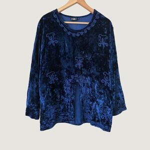 Vintage Niki B Royal Blue Crushed Velvet Soutache Embroidered Tunic Top L/XL
